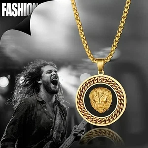 Stainless Steel Gold Finish Lion Head Medal Pendant & 24" Rolo Chain Necklace - Picture 1 of 7