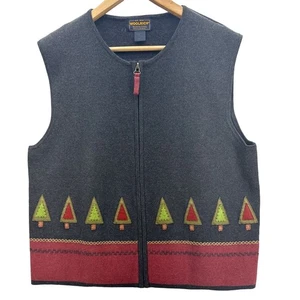 Woolrich Vintage Holiday Dark Grey Christmas Tree Zip Front Vest Women XL  - Picture 1 of 6