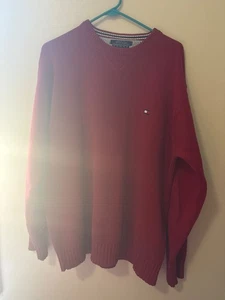 Tommy Hilfiger Pullover Herren L Rot Baumwolle Rundhals Pulli Crest Logo Preppy - Bild 1 von 6