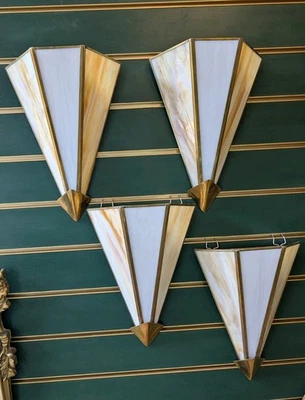 4 x Art Deco Brass Milk Glass Sconce Wall Lights 35.5 CM x 23.5 CM with fittings - Image 1 of 4