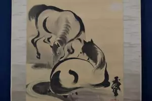HANGING SCROLL JAPANESE PAINTING JAPAN PICTURE Horse ANTIQUE 777q - Foto 1 di 11