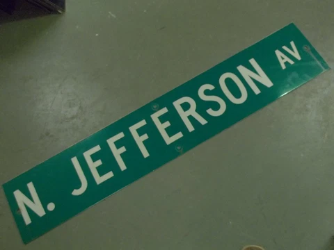 LARGE ORIGINAL N JEFFERSON AV STREET SIGN 48" X 9" WHITE LETTERING ON GREEN Cover