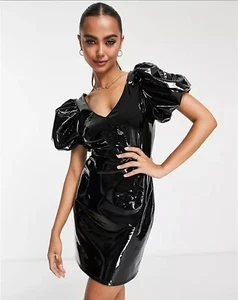 Black shiny faux leather PVC puff sleeve dress. 40"/44" bust. Size 14/18 UK New. - Picture 1 of 7