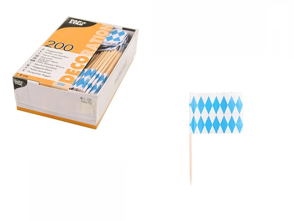 200 Deko-Picker 8 cm Oktober Wiesn weiß blau Bayern Bayrisch Patypicker - Bild 1 von 1