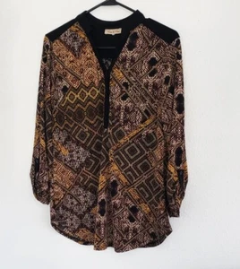 Nina & Mee Women's Black Brown Geometric Long Sleeve Rolled Tab V Neck Blouse XL - Picture 1 of 6