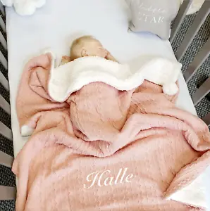 Personalised Rose Gold Fleece Pom Blanket | Baby Girl Shawl - Picture 1 of 6