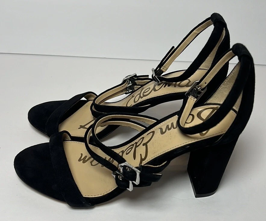 Sandalia de gamuza Sam Edelman Tammie con correa al tobillo tacón bloque para mujer talla 7 negra Foto 1 de 4