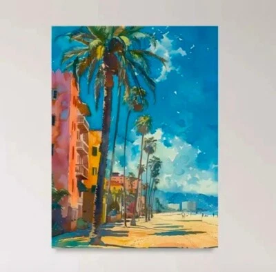 Art Canvas Watercolor Venice Beach Canvas Wall Art Los Angeles California FRAMED - Image 1 of 2