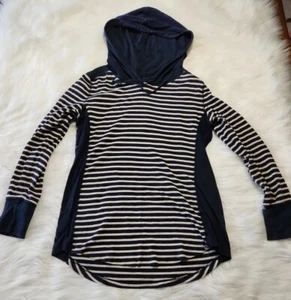 Eddie Bauer Womens L Pullover Long Sleeve Hooded T Shirt Navy and Grey stripe - Picture 1 of 5