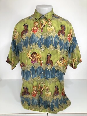 Awesome BURMA BIBAS Silk PIN-UP HULA GIRLS Lg. Hawaiian Aloha Shirt - EXCELLENT - Image 1 of 4