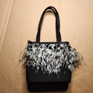 Vintage Y2K Black Fabric Purse Tote Handbag Zebra Faux Feathers Beaded Trim - Picture 1 of 6