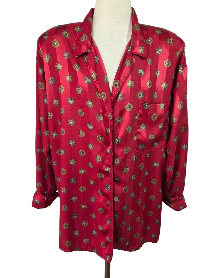 Christian Dior 80s Loungewear Shirt Womens Sz XL Silky Red Satin PJ Top Long Slv - Image 1 of 4