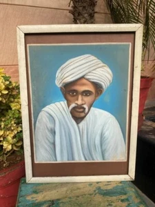 Antigua pintura original de retrato al óleo de hombre viejo con turbante enmarcada - Imagen 1 de 8
