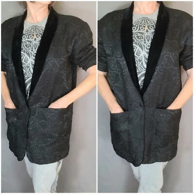 CHAQUETA DE NOCHE VINTAGE AÑOS 80 SHELLI SEGAL Gran Tamaño Negro Paisley Brocado Marca Leo Foto 1 de 4