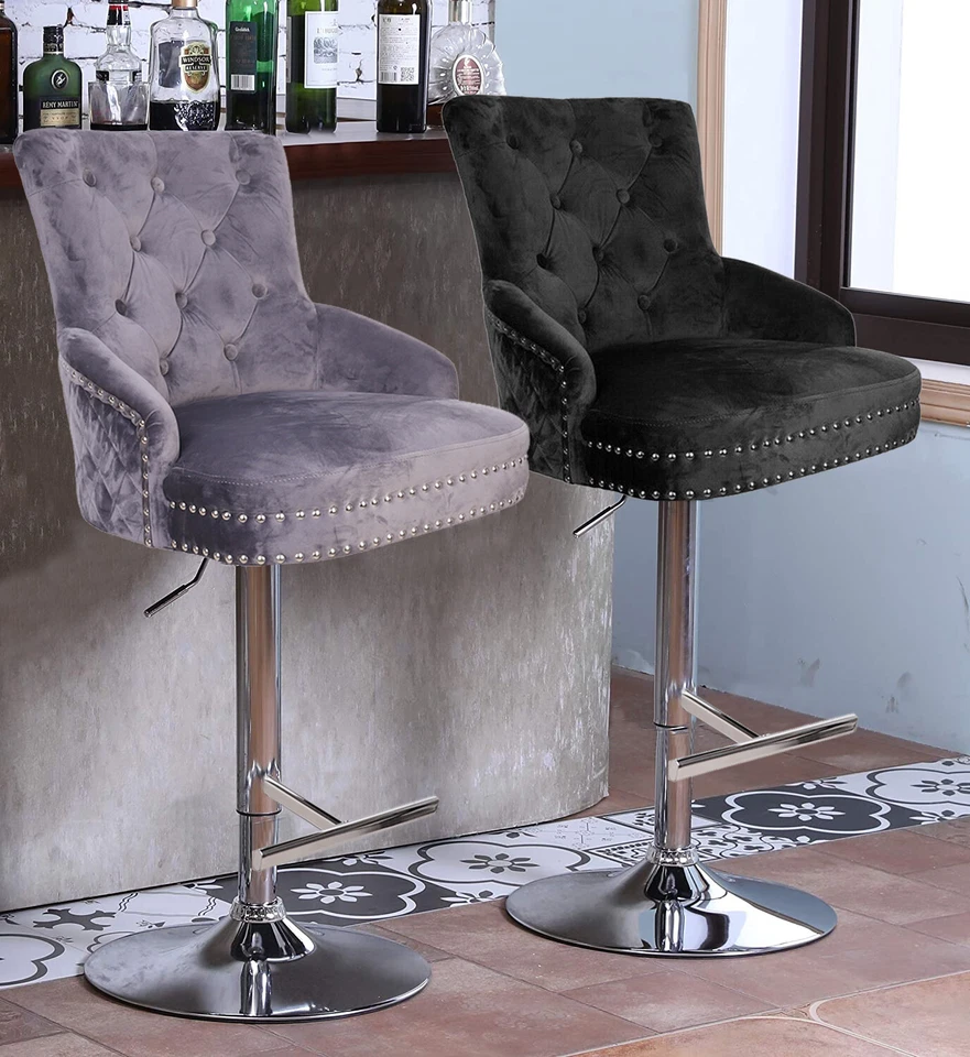 Velvet Bar Stool Counter Kitchen High Backrest Seat Chair Relax Leisure Barstool - Image 1 of 4