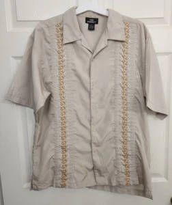 City Impact Mens Cuban Shirt Beige Embroidered Size L Large LOOK AT PHOTOS  - Picture 1 of 20