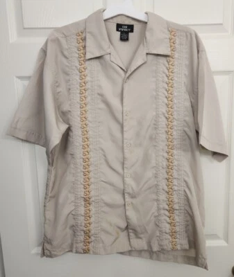 City Impact Mens Cuban Shirt Beige Embroidered Size L Large LOOK AT PHOTOS  - Image 1 of 4