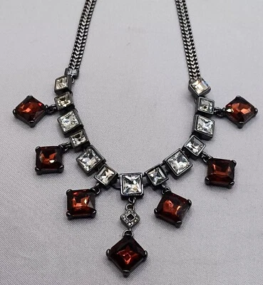 WHBM Dangling Rhinestone Necklace Burgundy & Clear Crystals Antiqued Silver Tone - Image 1 of 4
