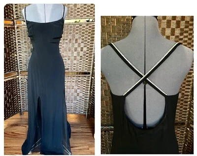 Maxi vestido negro con tiras de estrás vintage vestido sin mangas 12 fiesta de graduación formal satinado Foto 1 de 4