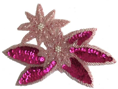 Parche artesanal vintage con apliques de costura de lentejuelas y cuentas florales de doble flor fucsia Foto 1 de 2
