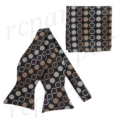 New formal Men's Self-tied Bow Tie & Hankie Polka dots Brown Tan Gray wedding - Image 1 of 3