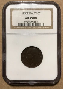 Italy - 1936 Copper 10 Centesimi (NGC AU 55) - Picture 1 of 4