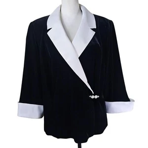 Alex Evenings Blazer Top Black Velvet Cocktail White Satin Collar Cuff Formal 1X - Picture 1 of 13