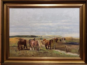 Niels Christiansen (1873-1960): GRAZING HORSES + ONE COW, original oil painting - Picture 1 of 7