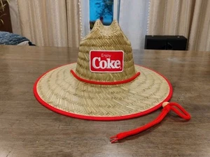 Enjoy COKE - Straw Beach Hat With Red Trim and Draw String - Coca Cola - Picture 1 of 5