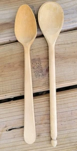 Vintage Wooden Mixing Spoons Set of 2 Rustic Kitchen Utensils Round or Oval 14'' - Picture 1 of 6