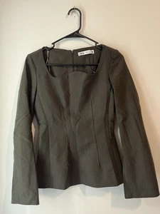 Top Zara Mujer XS Verde Oliva Y2K Manga Larga Escote Recortado Costuras Nuevo sin Etiquetas - Imagen 1 de 7
