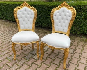 Dining Chairs Italian Baroque Set of 2 Gold Leaf Carved Upholstered Elegant - Picture 1 of 24