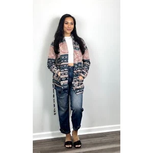 Ralph Lauren Geo-Motif Cardigan Multi Medium Belted Linen-Cotton Open Front Knit - Picture 1 of 5