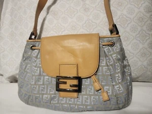 FENDI Zucchino Pattern Drawstring Handbag Purse Gray Canvas Leather - Picture 1 of 13