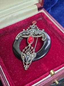 Very Large Filigree and Whitby Jet Mourning Brooch C1880 8.1g with Coral Inlay - Picture 1 of 11