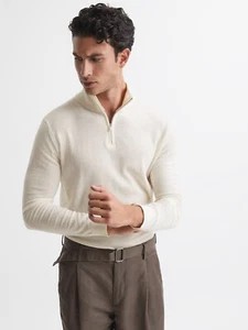 Top Jersey REISS PARA HOMBRES Blackhall Lana Merino Cremallera Cuello en Marfil Talla XL - Imagen 1 de 6