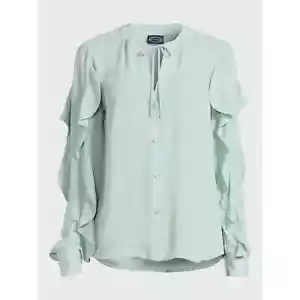 Scoop Women's Ruffle Sleeve Button Down Tie Collar Blouse Dress Shirt Sz L 12-14 - Picture 1 of 5