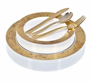 Elegant Plastic Plates Cutlery Premium Quality 125-Pieces 25 Guest Gold Marble - Picture 1 of 4