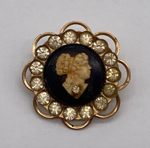Antique Gold Tone Hand Carved Cameo Brooch Pin With Rhinestones - Picture 1 of 5