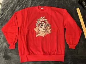 #3 VINTAGE 90ER JERZEES SWEATSHIRT EINFARBIG ROT MIT WINTERVÖGELN GR. XL - Bild 1 von 7