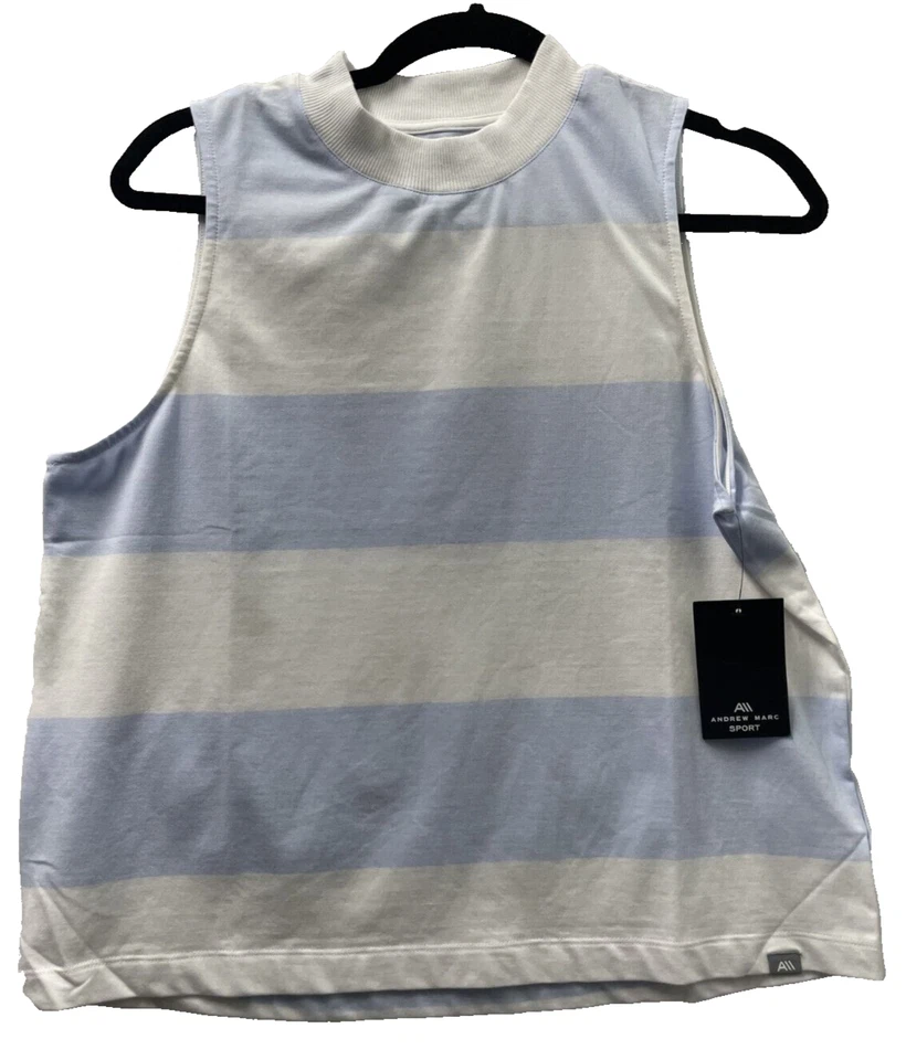 Camiseta sin mangas Andrew Marc Sport Rugby a rayas cuello redondo azul blanco talla M Foto 1 de 4