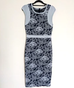 Karen Millen Pencil Knit Stretch Dress Blue Floral Cap Sleeve Sz 2 / 10 - 12 uk - Picture 1 of 7
