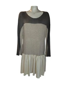 Caara M Knit Sweater Dress Cream Satin Ruffle Hem modest designer luxury office - Picture 1 of 9