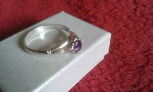 Ladies Sterling Silver & Amethyst Solitaire Ring UK size P 1/2 USA 8 Hallmarked