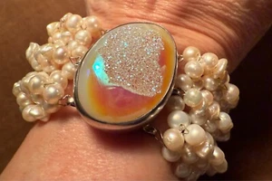 Genuine Pearl 925 sterling bracelet WIDEw/ huge druzy cabochon clasp. 7” - Picture 1 of 8