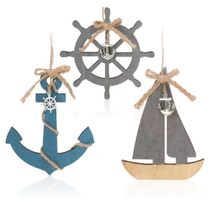 3x Hängedeko mit Boot, Steuerrad und Anker aus Holz - Schifffahrt Deko - Bild 1 von 6