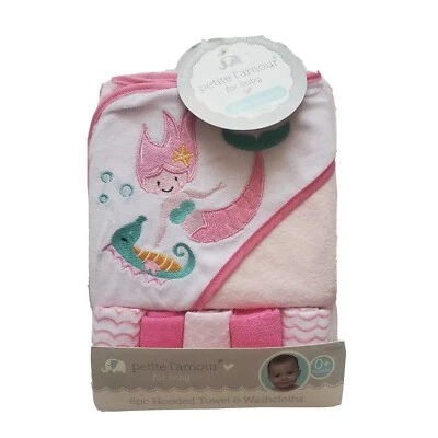 Petite L'amour Girls Hooded Towel & 5 Washcloths Bath Gift Set, Mermaid, L30 MP - Image 1 of 4