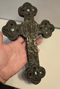 GOTHIC REVIVAL VICTORIAN WOODEN TINNED BRASS PEWTER CROSS / CRUCIFIX 9.5 Inches - Picture 1 of 22