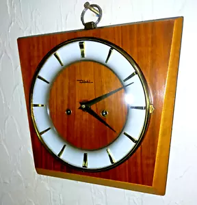 Rare Wall Clock From Junghans Diehl Wood And Brass Germany Working Mid-Century - Picture 1 of 12