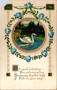 Cartolina d'epoca Cigno sul lago fiori bordo oro - Foto 1 di 4